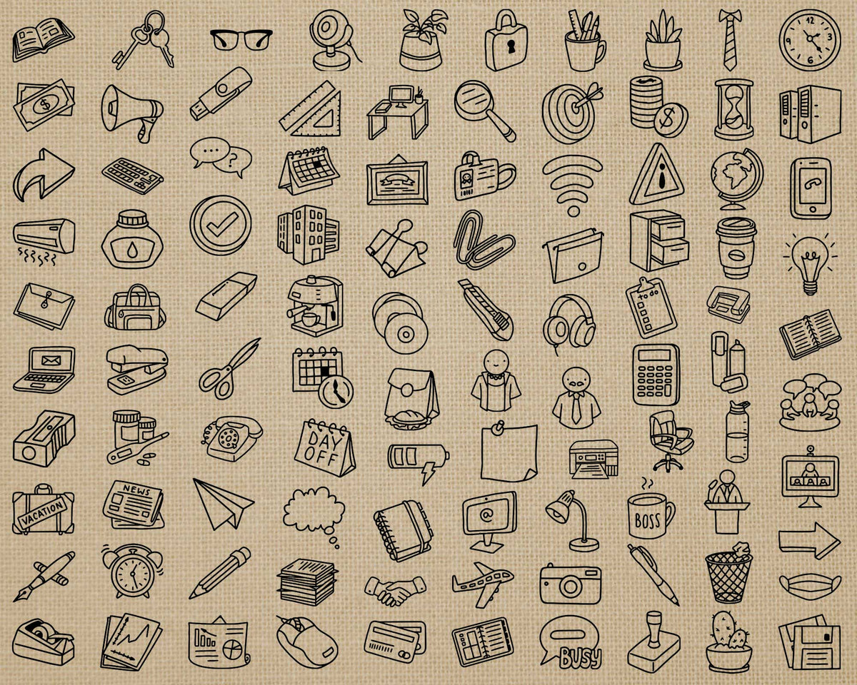 100 Office Icons Doodle Editable Clipart | EPS SVG DXF PNG | Commercial Use