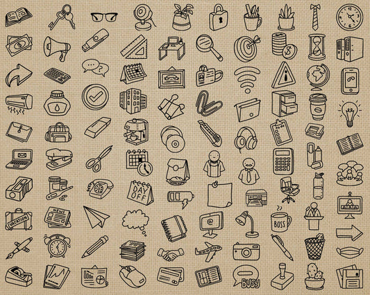 100 Office Icons Doodle Editable Clipart | EPS SVG DXF PNG | Commercial Use