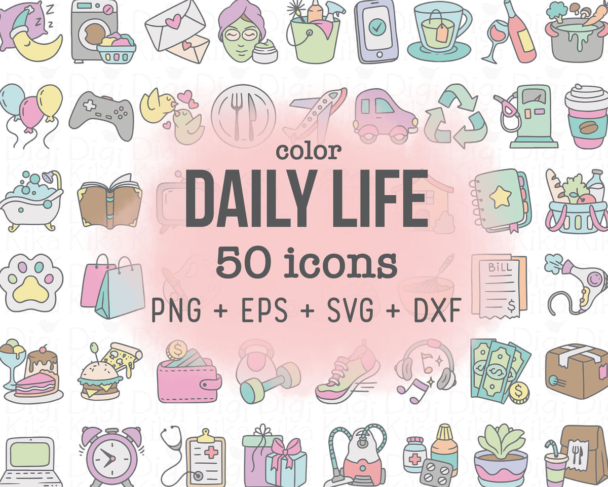 50 Daily Icons COLOR - EPS, SVG, DXF, PNG Clipart - Instant Download ...