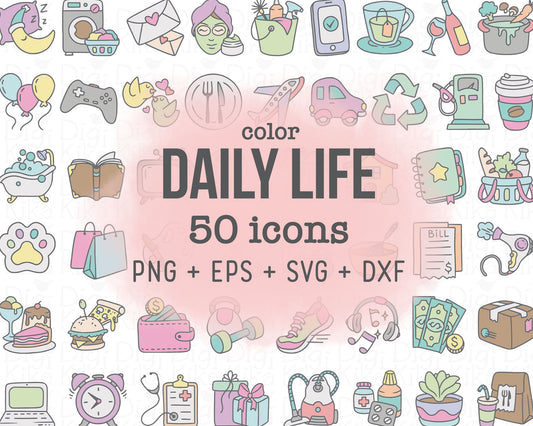 50 Daily Icons COLOR - EPS, SVG, DXF, PNG Clipart - Instant Download