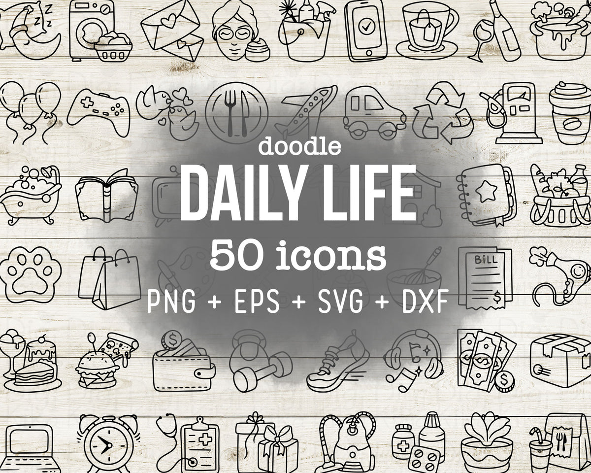 50 Daily Icons DOODLE - EPS, SVG, DXF, PNG Clipart - Instant Download ...