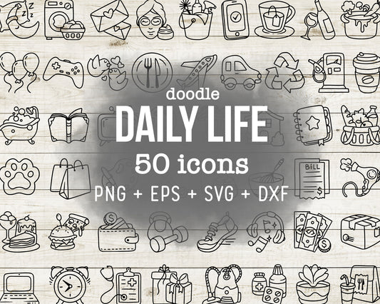 50 Daily Icons DOODLE - EPS, SVG, DXF, PNG Clipart - Instant Download