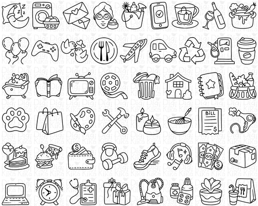 50 Daily Icons DOODLE - EPS, SVG, DXF, PNG Clipart - Instant Download