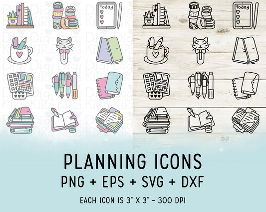 Planning  Icons Clipart - Both Doodle and Color graphics PNG, EPS, SVG & DXF - Instant Download
