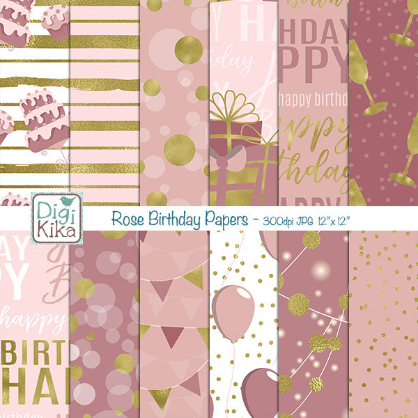 Birthday Digital Papers – Old Pink & Gold Theme – Elegant Printable Backgrounds – Scrapbooking & Crafts – Instant Download