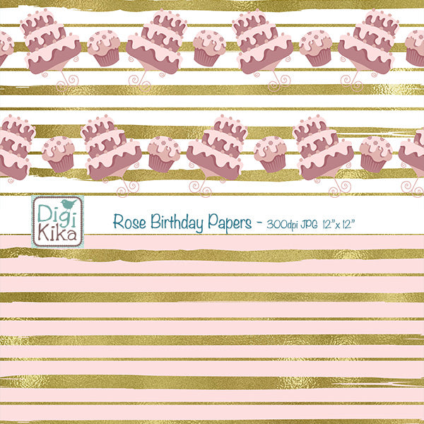 Birthday Digital Papers – Old Pink & Gold Theme – Elegant Printable Backgrounds – Scrapbooking & Crafts – Instant Download