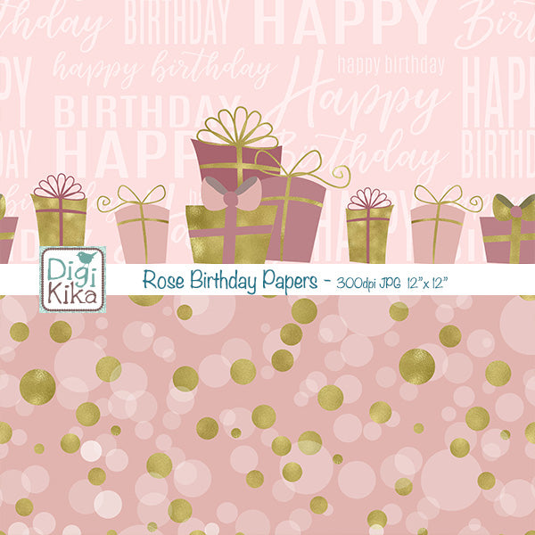 Birthday Digital Papers – Old Pink & Gold Theme – Elegant Printable Backgrounds – Scrapbooking & Crafts – Instant Download