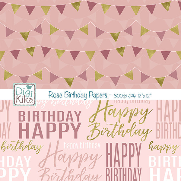 Birthday Digital Papers – Old Pink & Gold Theme – Elegant Printable Backgrounds – Scrapbooking & Crafts – Instant Download