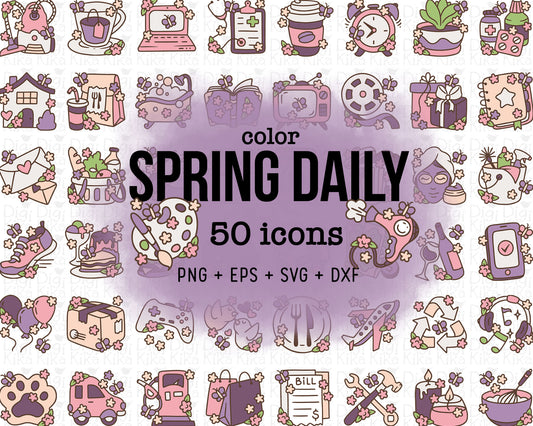 50 Spring Daily Icons COLOR - EPS, SVG, DXF, PNG Clipart - Instant Download