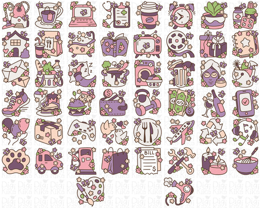 50 Spring Daily Icons COLOR - EPS, SVG, DXF, PNG Clipart - Instant Download