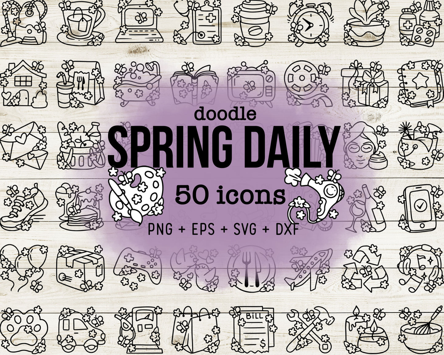 50 Spring Daily Icons DOODLE - EPS, SVG, DXF, PNG Clipart - Instant Download