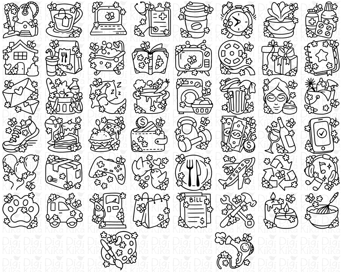 50 Spring Daily Icons DOODLE - EPS, SVG, DXF, PNG Clipart - Instant Download