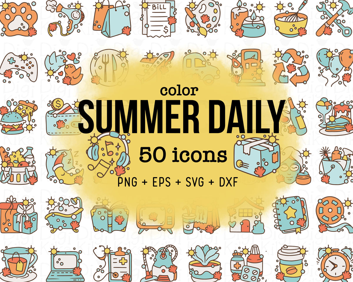 50 Summer Daily Icons COLOR - EPS, SVG, DXF, PNG Clipart - Instant Dow ...