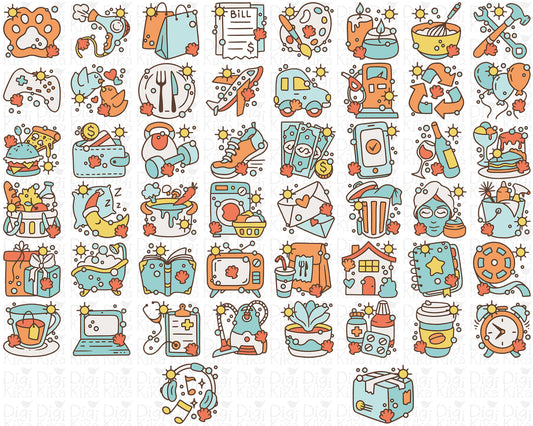 50 Summer Daily Icons COLOR - EPS, SVG, DXF, PNG Clipart - Instant Download