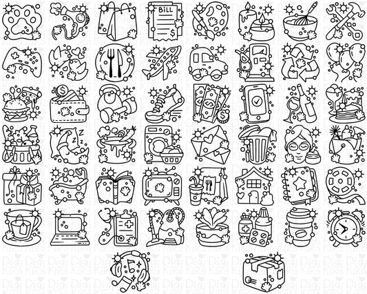 50 Summer Daily Icons DOODLE - EPS, SVG, DXF, PNG Clipart - Instant Download