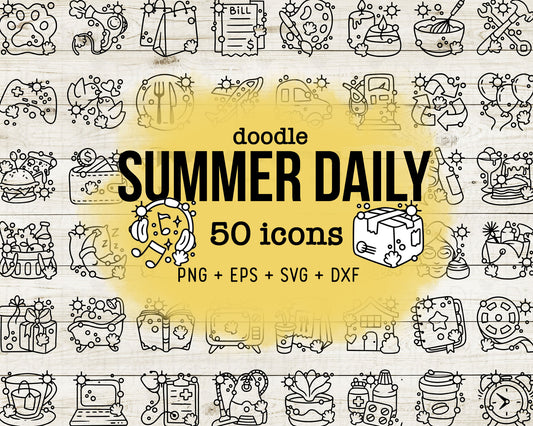 50 Summer Daily Icons DOODLE - EPS, SVG, DXF, PNG Clipart - Instant Download