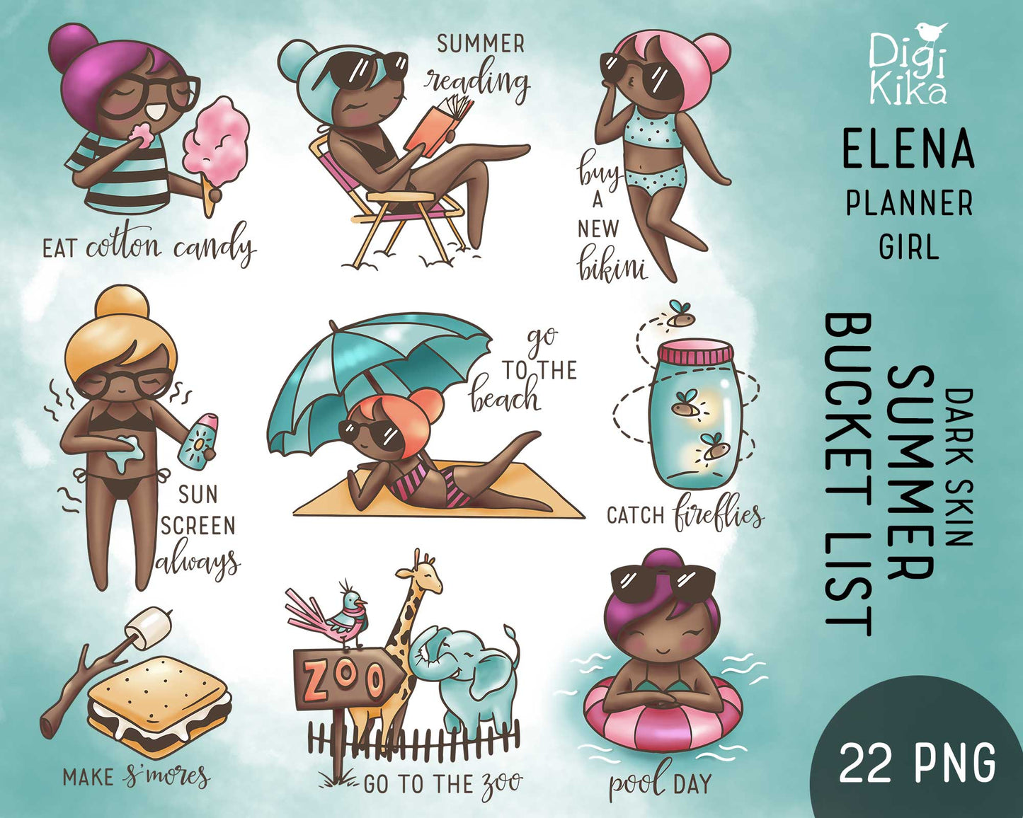 Elena Summer Bucket List Brown Skin Clipart | 22 Designs | PNG | Color | Inclusive