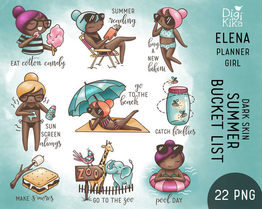 Elena Summer Bucket List Brown Skin Clipart | 22 Designs | PNG | Color | Inclusive