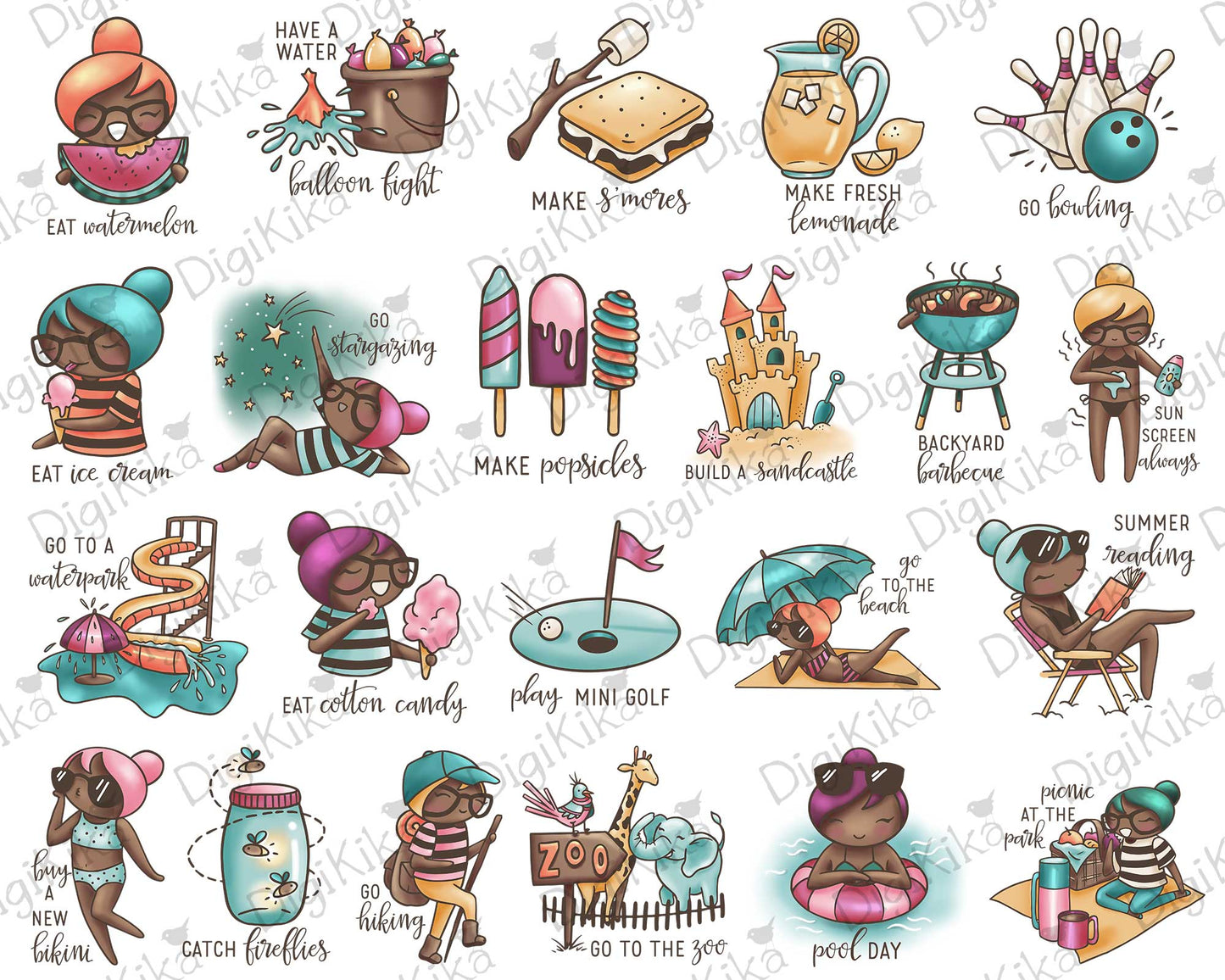 Elena Summer Bucket List Brown Skin Clipart | 22 Designs | PNG | Color | Inclusive