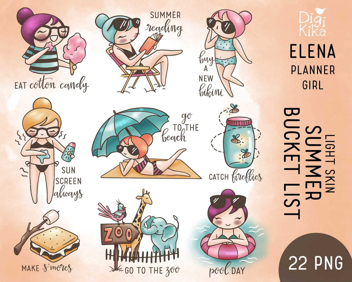 Elena Summer Bucket List Light Skin Clipart | 22 Designs | PNG | Color