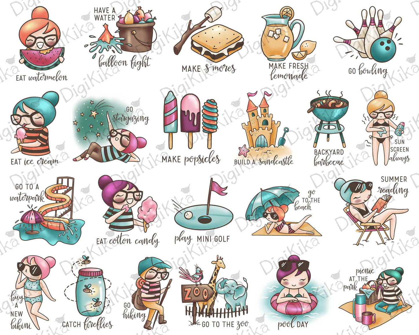 Elena Summer Bucket List Light Skin Clipart | 22 Designs | PNG | Color
