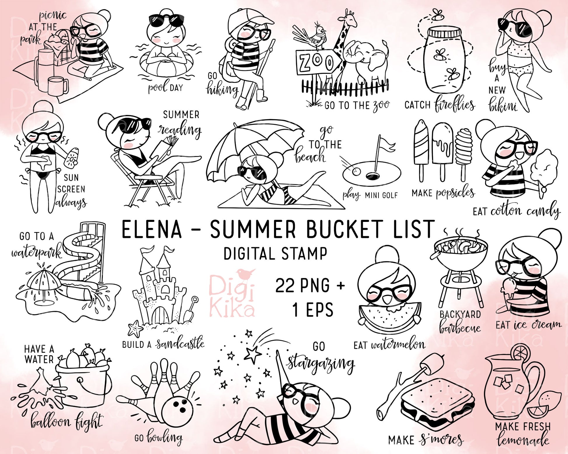 Collection of black and white illustrations with text on a pink background, titled 'Elena - Summer Bucket List'.