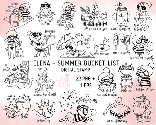 Collection of black and white illustrations with text on a pink background, titled 'Elena - Summer Bucket List'.