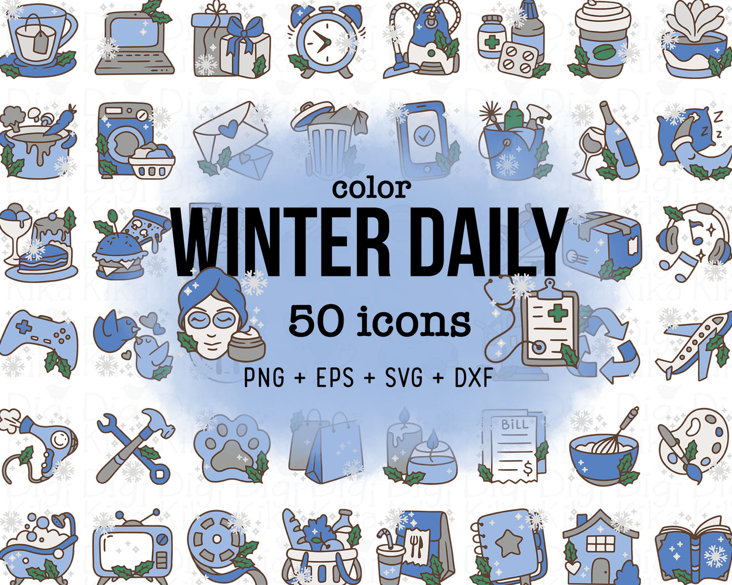 50 Winter Daily Icons COLOR - EPS, SVG, DXF, PNG Clipart - Instant Download