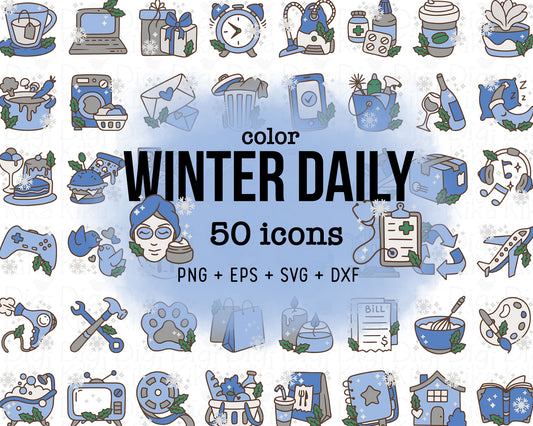 50 Winter Daily Icons COLOR - EPS, SVG, DXF, PNG Clipart - Instant Download