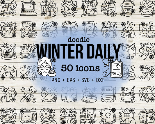 50 Winter Daily Icons DOODLE - EPS, SVG, DXF, PNG Clipart - Instant Download