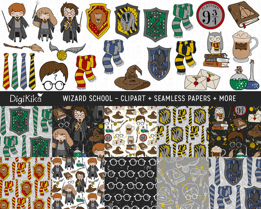 Magical School Bundle – Wizard-Inspired Clipart, Digital Papers & Elements – PNG + JPG – Instant Download