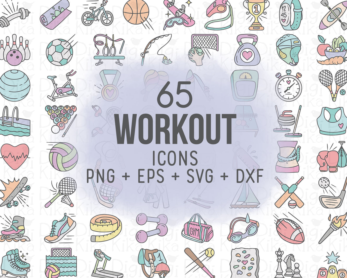 65 Sports Workout Icons Color Vector | Fitness Gym Graphics | EPS SVG DXF PNG | Commercial Use