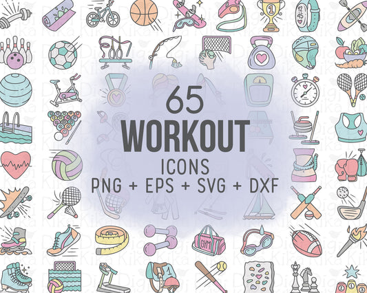 65 Sports Workout Icons Color Vector | Fitness Gym Graphics | EPS SVG DXF PNG | Commercial Use