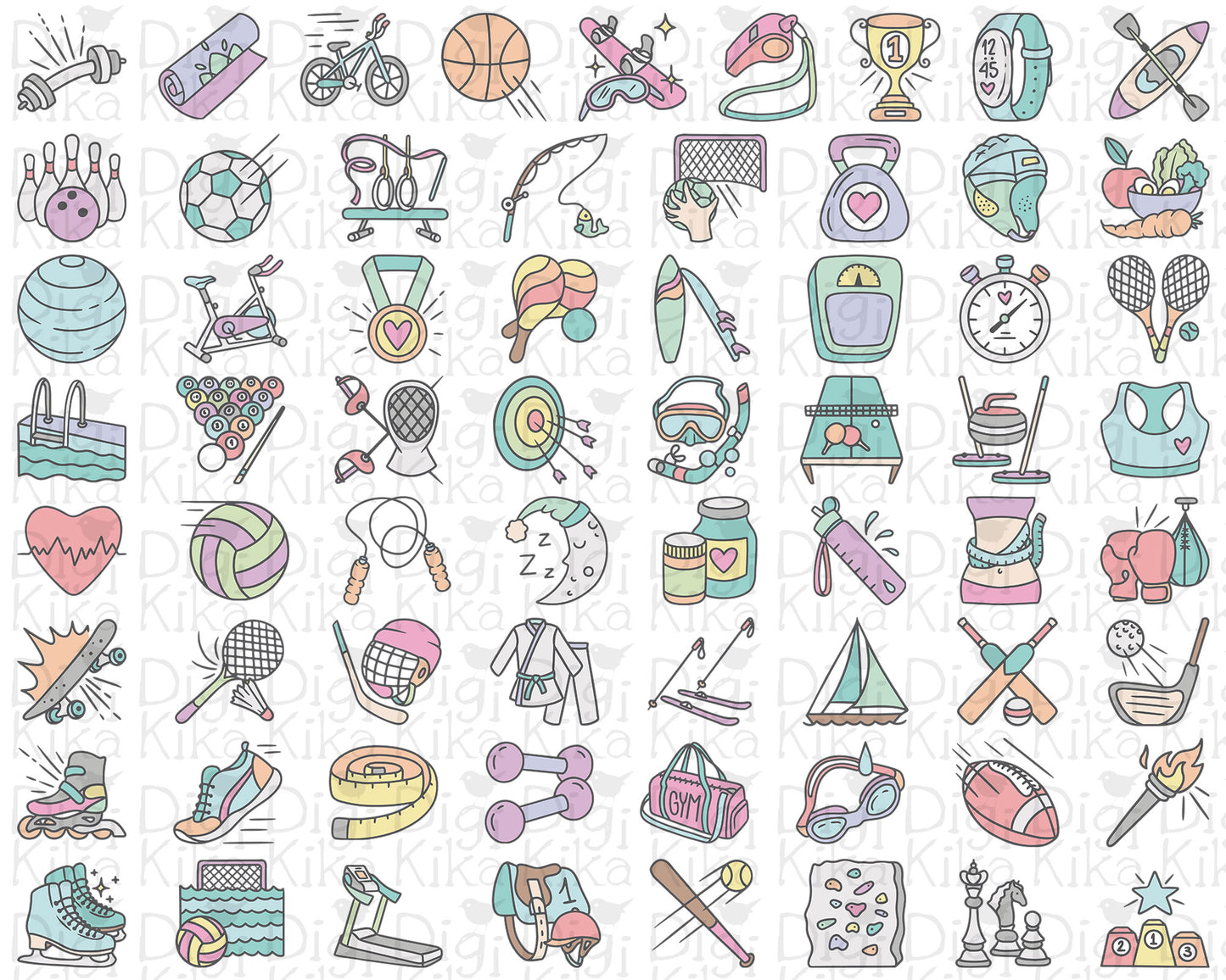 65 Sports Workout Icons Color Vector | Fitness Gym Graphics | EPS SVG DXF PNG | Commercial Use