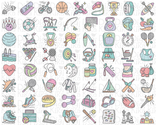 65 Sports Workout Icons Color Vector | Fitness Gym Graphics | EPS SVG DXF PNG | Commercial Use