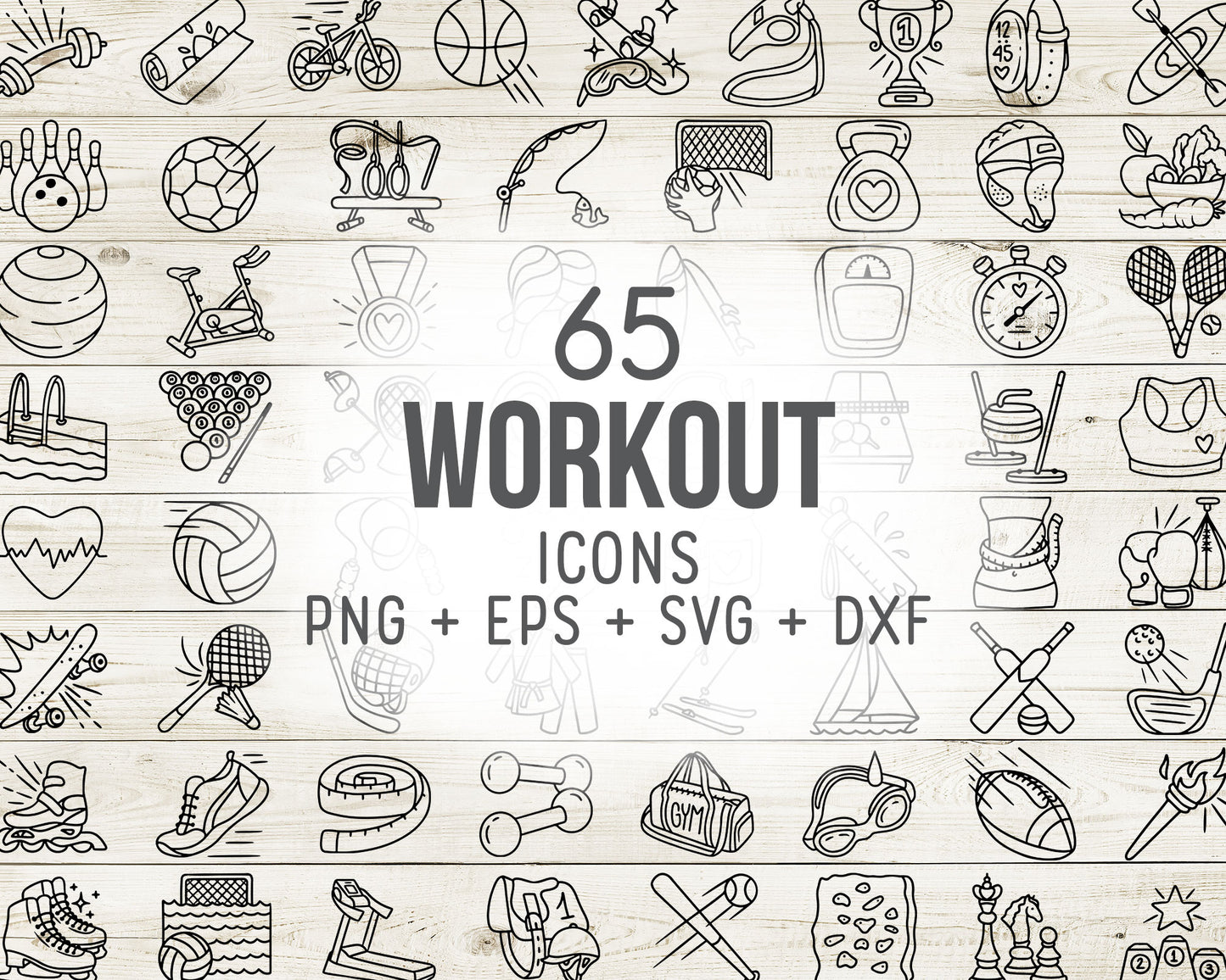 65 Sports Workout Icons Doodle Vector | Fitness Gym Graphics | EPS SVG DXF PNG | Commercial Use