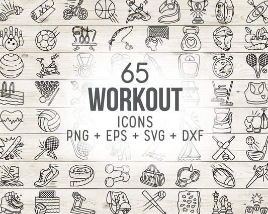 65 Sports Workout Icons Doodle Vector | Fitness Gym Graphics | EPS SVG DXF PNG | Commercial Use