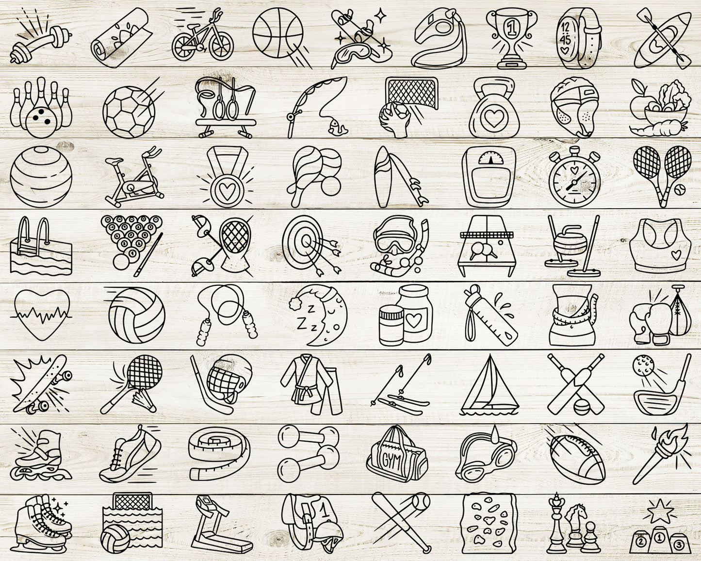 65 Sports Workout Icons Doodle Vector | Fitness Gym Graphics | EPS SVG DXF PNG | Commercial Use