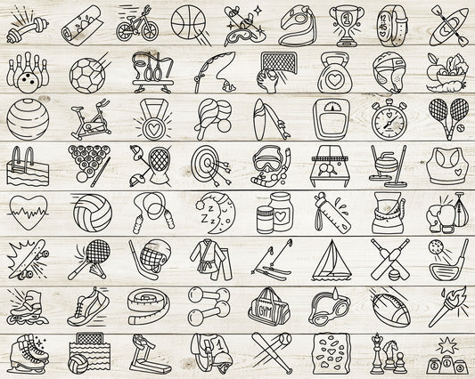 65 Sports Workout Icons Doodle Vector | Fitness Gym Graphics | EPS SVG DXF PNG | Commercial Use