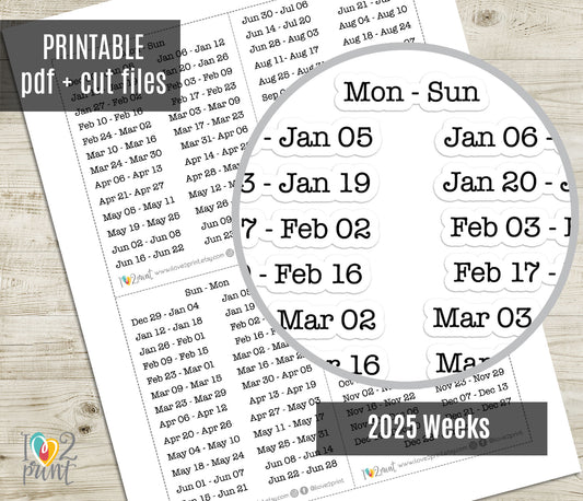 2025 Weeks Straight - Instant Download Planner Stickers - Printable PDF & Cut Files