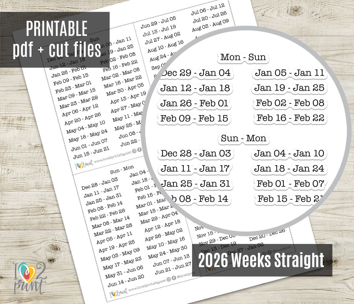 2026 Weeks Straight - Instant Download Planner Stickers - Printable PDF & Cut Files