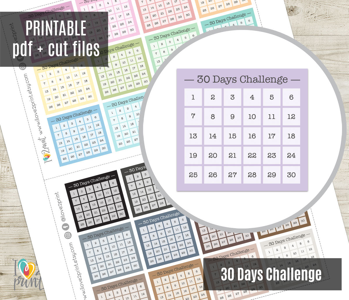 30 Days Challenge Box Printable Planner Stickers | Monthly Habit Tracker | PDF Cut Files