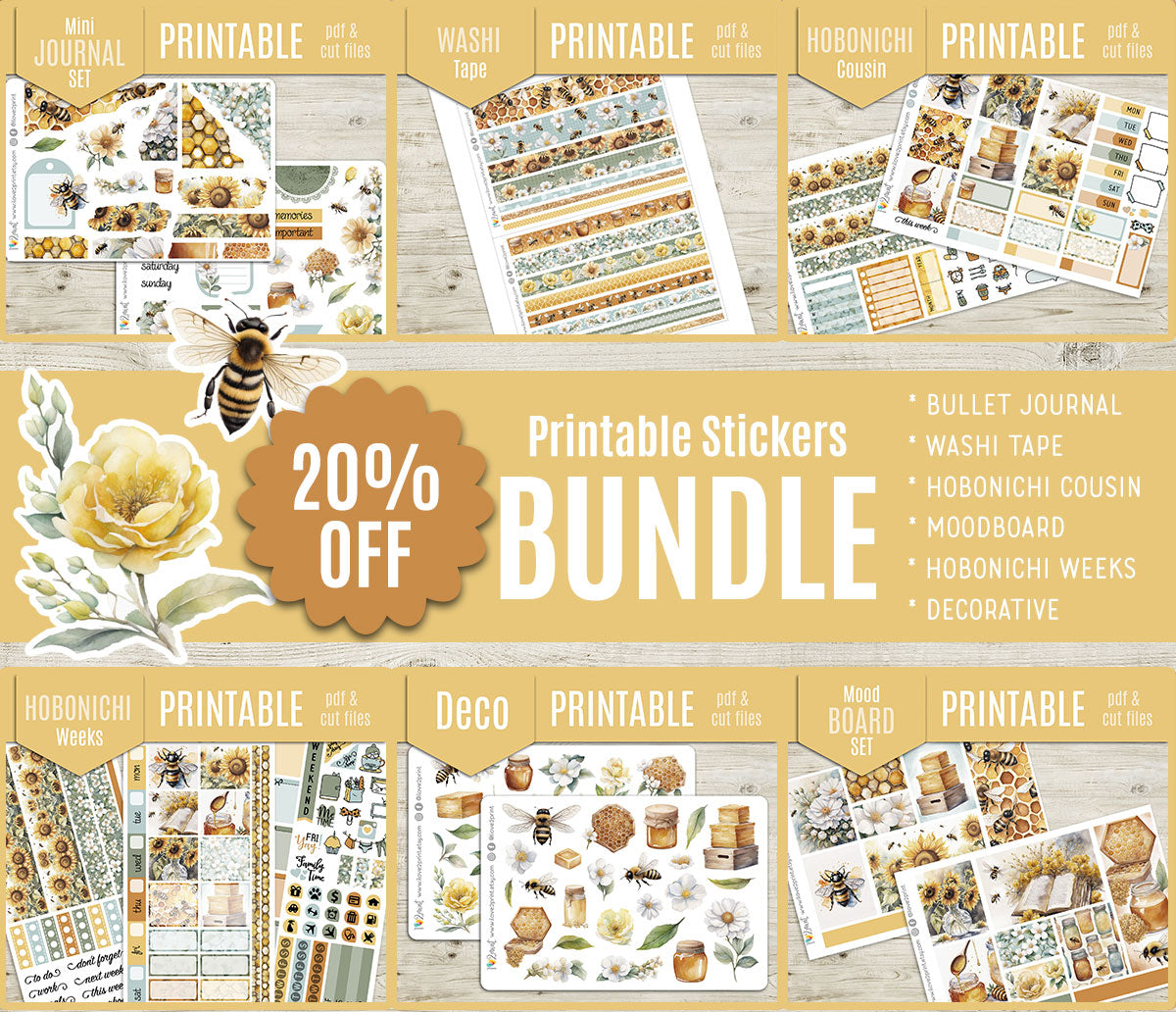 Bees Complete Sticker Bundle | All 6 Sets | Honeycomb Floral Collection | PDF Cut Files