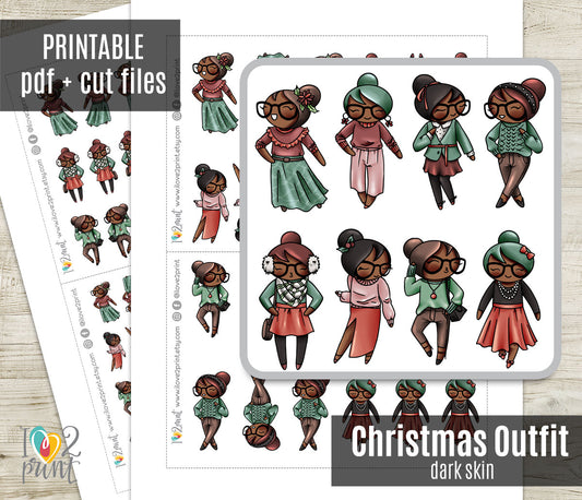 Elena Christmas 8 Outfits Dark Skin Printable Stickers | Cut Files