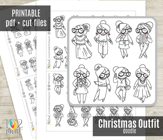 Elena Christmas 8 Outfits Outline Printable Stickers | Color In | Cut Files
