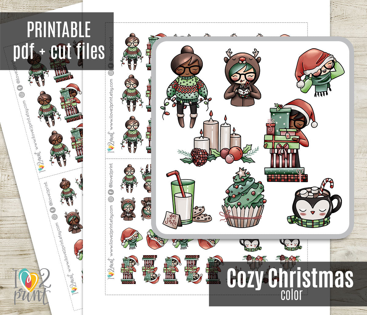 Elena Cozy Christmas Printable Stickers | 2 Skin Cut Files