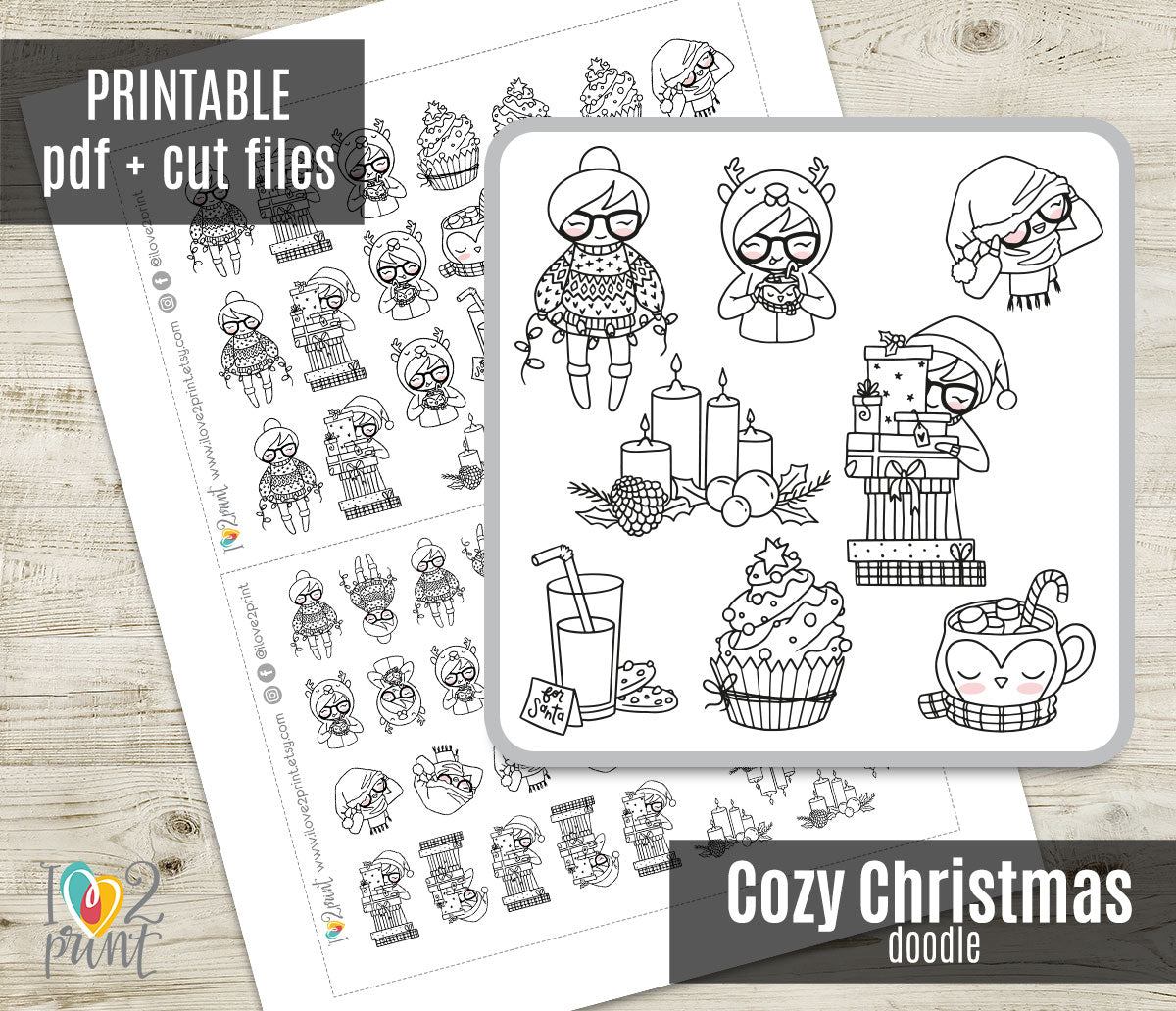Elena Cozy Christmas Doodle Printable Stickers | Color In | Cut Files