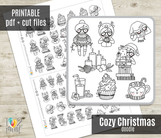Elena Cozy Christmas Doodle Printable Stickers | Color In | Cut Files