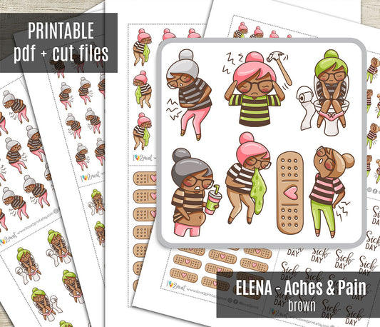 Elena Pain & Aches - BROWN SKIN Printable Planner Sticker - PDF & Cut Files