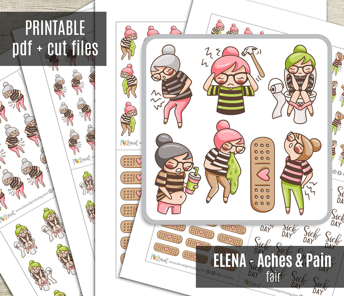 Elena Pain & Aches - FAIR SKIN Printable Planner Sticker - PDF & Cut Files